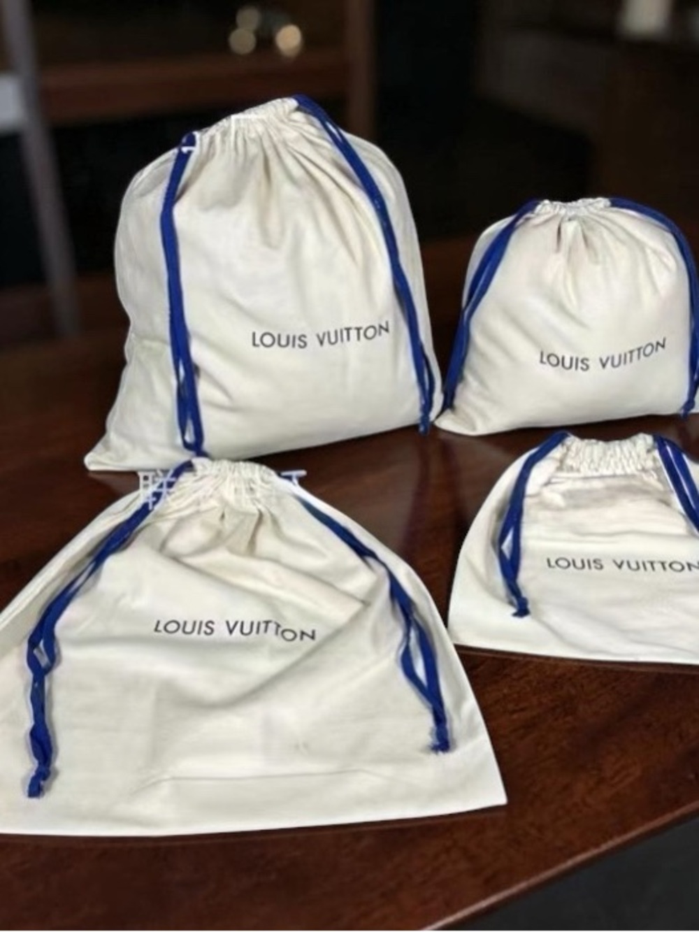 Louis Vuitton Cream Drawstring Dust Bags with Blue Cords - Set of 4